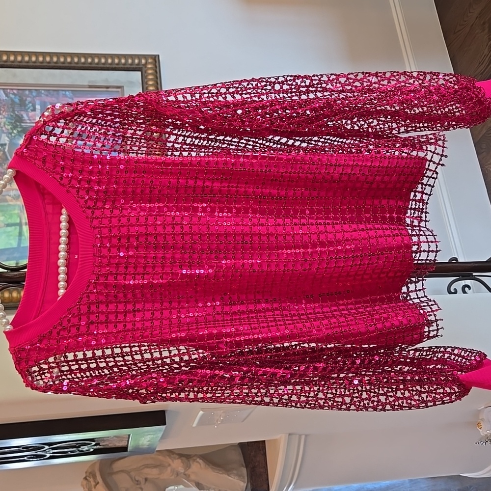 NEW Pilcro Raspberry Sequin Mesh Top - Picture 4 of 10